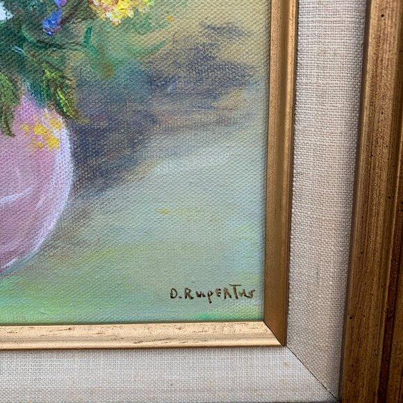 Vintage Original Art Floral Stillife in Round Vase. Acrylic Painting, Daisies, M - Picture 4 of 11